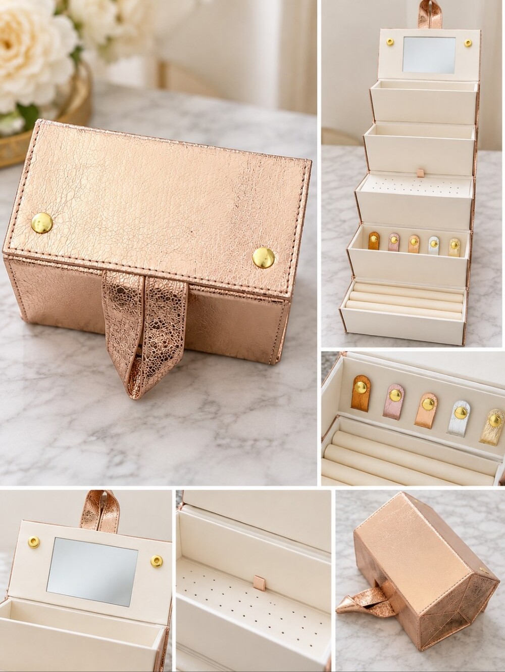 Nordstrom Cream and Rose Gold Foldable Hexagon Jewelry Case